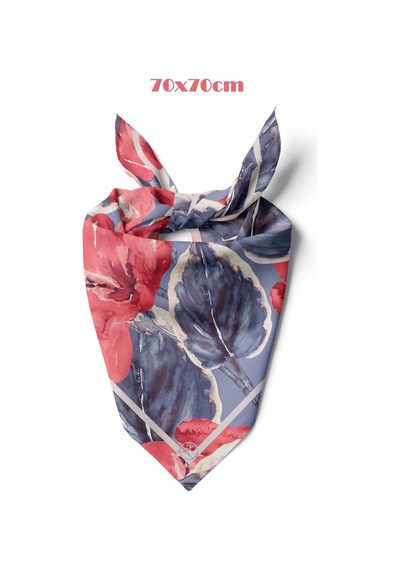 Kızıl Mavi Floral Desen 70 70cm Bandana/fular Çok Renkli