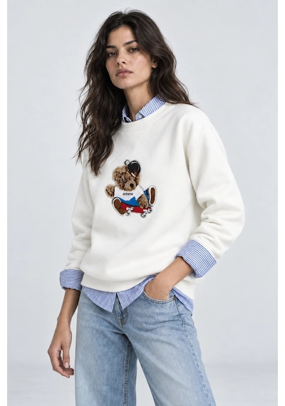 Mevese Kadın Peluş Dokulu Nakış Detaylı Salaş Sweatshirt- Beyaz