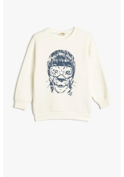 Hipatu Koton Erkek Çocuk Hayvan Baskılı Sweatshirt Bisiklet Yaka Boxy Pamuk Karışımlı Ekru