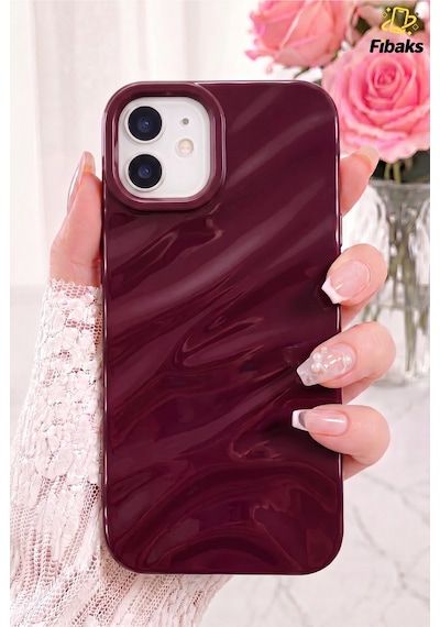 Fibaks iPhone 11 Uyumlu Kılıf Parlak Kabartmalı Dalga Tasarımlı Desenli Mürdüm Darbe Emici Silikon Kapak