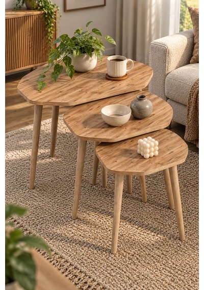 Sulorahome 3'lü Geometrik Zigon Sehpa Seti Kahverengi Atlantik Çam Desenli
