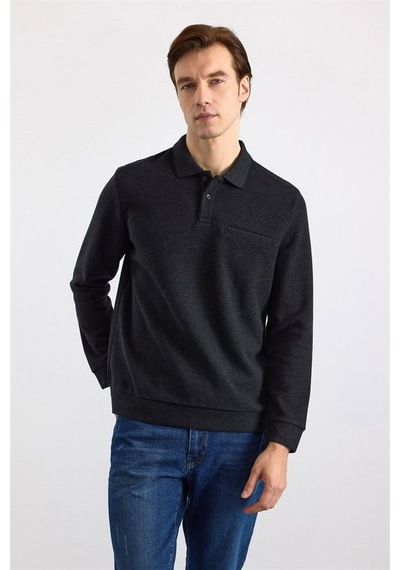 Süvari Siyah Regular Düz Polo Yaka Sweatshirt Ssw2013700002-s09