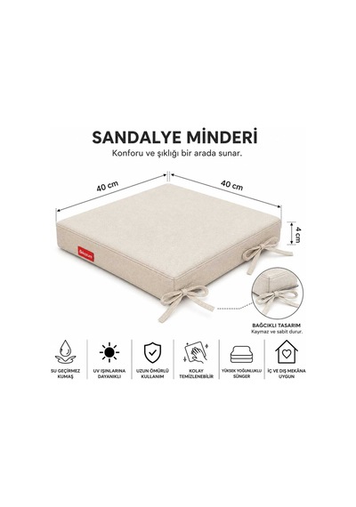 Comfort Plus Sandalye Koltuk Minderi 40x40 Bağcıklı Fermuarlı Yıkanabilir Balkon Bahçe Minderi 1 Adet Krem 1 Li
