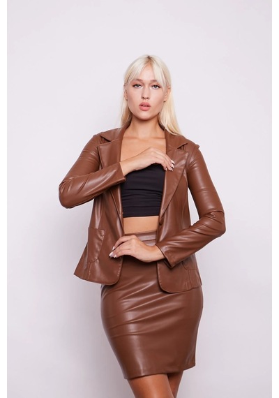 Ekolojik Suni Deri Yakalı Uzun Kol Cepli Blazer Ceket-taba Taba