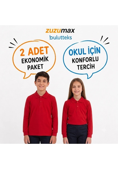 Bulutteks Okullu 2adet Polo Yaka Kırmızı Uzunkol Okul Tişört Kıyafetleri Üniforması Çocuk Genç