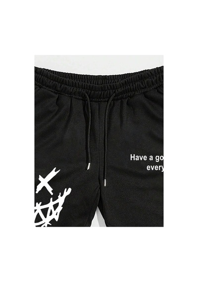 Tarzsokak Cartoon & Slogan Graphic Drawstring Waist Eşofman Altı Siyah