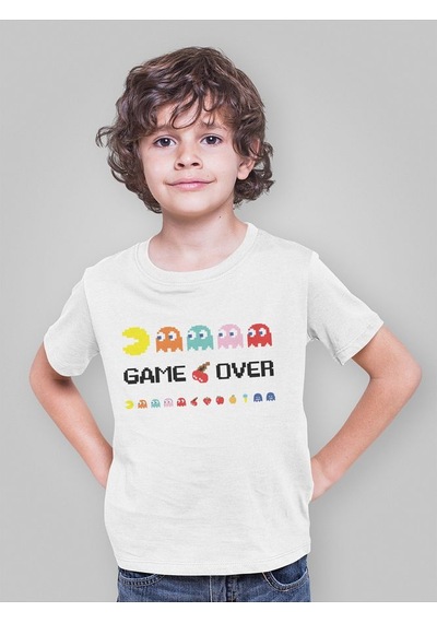 Sevbano Pacman Game Over Yazılı Unisex Oyun Çocuk Tişört 1-12 Yaş Beyaz