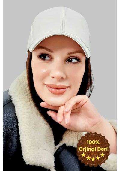 Unisex %100 Deri Arkadan Ayarlanabilir Kep Şapka Ekru