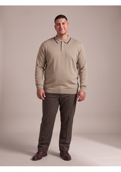 Maccali Erkek Bej Büyük Beden Gizli Fermuarlı Polo Yaka Triko Sweatshirt