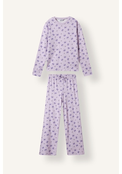 Defacto Uzun Kollu Üst Elastik Bel Alt Kelebek Desenli 2li Pijama Takımı Kız Çocuk I6090a826wnpr143 Mor-pr143