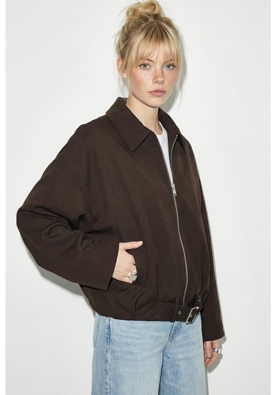 Shade Kadın Oversize Kemer Detaylı Fermuarlı Astarlı Bomber Ceket 2911 60286013 - Acı Kahve Kahverengi