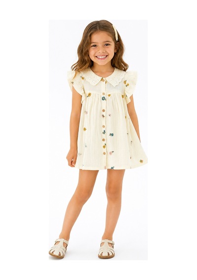 Eray Alp Kids Kız Çocuk Bej Çiçekli Müslin Elbise Yazlık Günlük Model