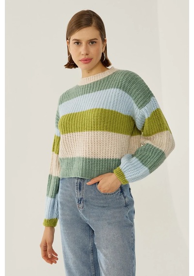 Hiccup Relaxed Fit Çizgili Triko Kazak Yeşil