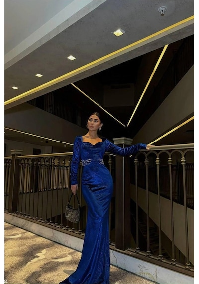 Bezos Kadife Kumaş Taş Abiye Yaka Kalp Elbise Detaylı Renk: Saks Beden: M Rengaren