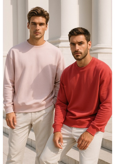 Rich Erkek 2'li Paket Nar Çiçeği - Pudra Bisiklet Yaka Scuba Basic Sweatshirt Pudra