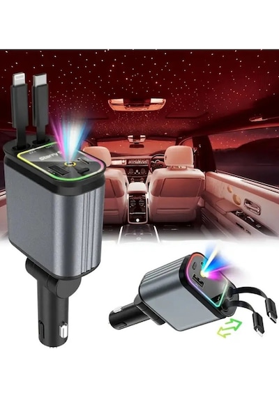 Acc-01 Rgb Işıklı Araç Şarj Cihazı 66w Hızlı Şarj 4'ü 1 Arada Geri Çekilebilir Kablo Yıldızlı Tavan Işığı Özelliği