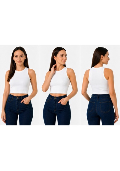 İngegno Bisiklet Yaka Sıfır Kol Crop Model Viskon Örme Ring Kumaş Beyaz