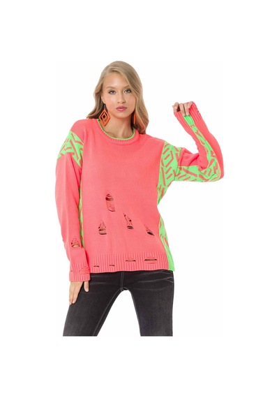 Cipo & Baxx WP241 Vintage Salaş Yırtıklı Neon Kazak Turuncu