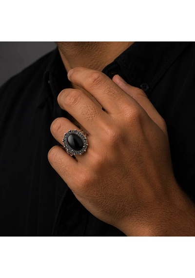 Nur Silver Oval Siyah Oniks Erkek Yüzük 925 Ayar Gümüş Yüzük - Nur-yz83520