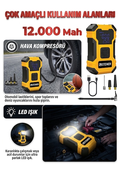 Steiner 12.000 Mah Dijital Ekranlı Kablosuz Lastik Hava Pompası Şarjlı Hava Kompresörü Powerbank Led Işık Sarı