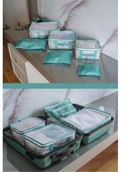 Onikiden 6 Lı Bebek Doğum Çanta Seti, Çok Kullanışlı Düzenleyici Seyahat 6 Lı Set Mavi Beyaz - Mavi