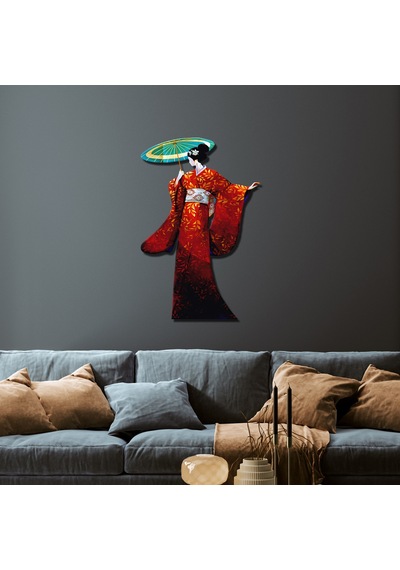 Geisha Japon Sanat Tasarımlı Metal Duvar Dekoru Kırmızı Kimono Figürü