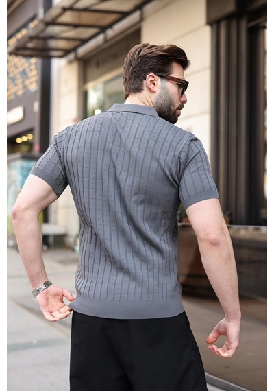 Antrasit Polo Yaka Slim Fit Triko Erkek Tişört E7465 Antrasit