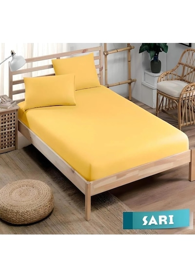 Pamuklu Ranforce Kumaş Lastikli Fitted Yastıklı Çarşaf Seti Battal Boy Sarı