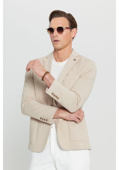 AC&Co / Altınyıldız Classics Erkek Bej Pamuklu Slim Fit Dar Kesim Armürlü Esnek Torba Cepli Blazer Ceket Bej