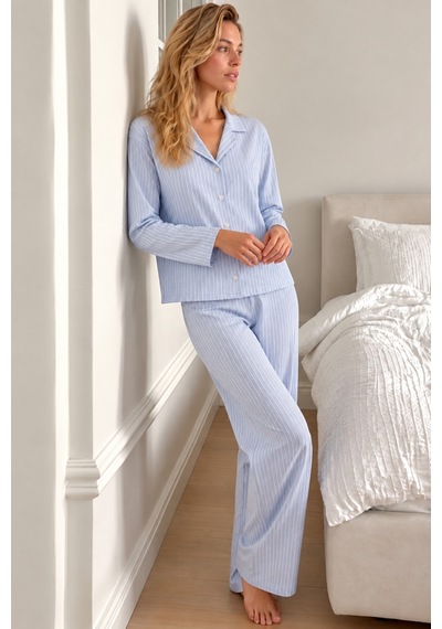 Kadın Gömlek Yaka Uzun Kollu Mavi Pijama Takımı