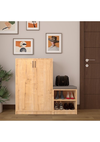 Asra Trend Puflu Ayakkabılık A-22 %100 MDF Minderli Geniş Portmanto Safir Meşe