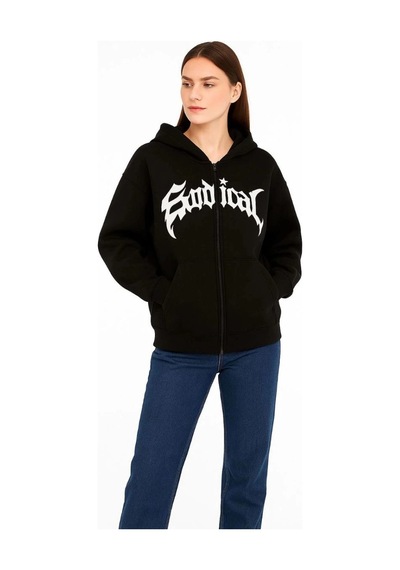 Freedom Storee Kadın Kapüşonlu 3 İplik Şardonlu Önü Baskılı Fermuarlı Oversize Sweatshirt - Siyah Çok Renkli