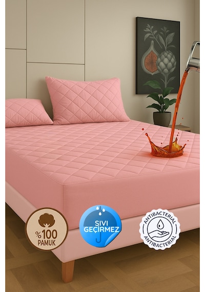 %100 Pamuk Renkli Kapitone Sıvı Geçirmez Alez Çarşaf - Pembe