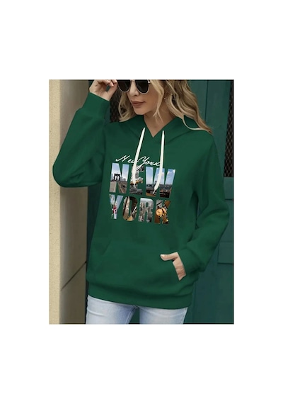 Medinenur Newyork Baskılı Cepli Kapüşonlu Sweatshirt Yeşil