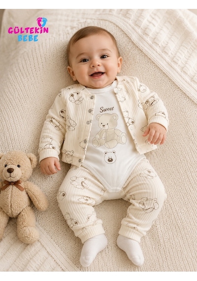 Agucuk Baby Oturan Ayıcık Baskılı Kapşonlu 3 Lü Takım 3-9 Aylık -ba467572232 - Bej