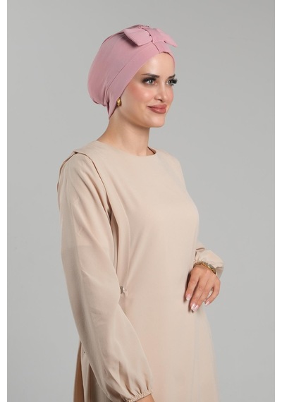 Hürrem Bone Pudra Pratik Hazır Geçmeli Fiyonklu Bone Sandy Çift Taraflı Çapraz 3007b 06 Pudra