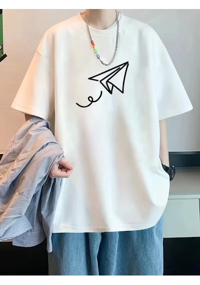 Suma Beyaz Bisiklet Yaka Oversize Baskılı T-shirt - Xl