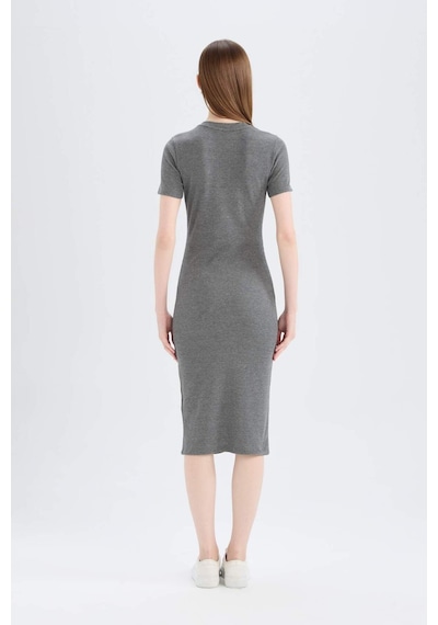 DeFacto Bodycon Vücudu Saran Bisiklet Yaka Basic Düz Fitilli Kaşkorse Kısa Kollu Midi Elbise E6926AX25SPAR15