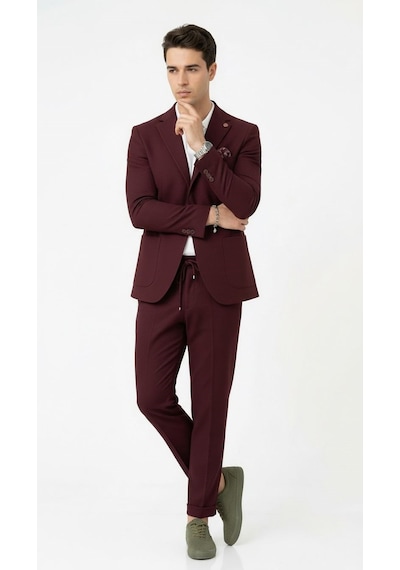 Pike Kumaş Jogger Pantolonlu Erkek Takım Elbise Torba Cepli Tek Düğme Slim Fit Kombin Bordo Pike Kumaş Jogger Pantolonlu Erkek Takım Elbise Torba Cepli Tek Düğme Slim Fit Kombin Bordo