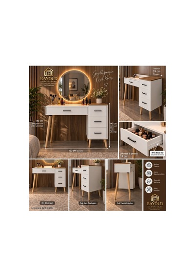 Nilsu Çekmeceli Ahşap Ayaklı Makyaj Masası Beyaz- Atlantik Çam- 120x90 Cm Çok Renkli - 931105064 Çok Renkli Nilsu Çekmeceli Ahşap Ayaklı Makyaj Masası Beyaz- Atlantik Çam- 120x90 Cm Çok Renkli - 931105064 Çok Renkli