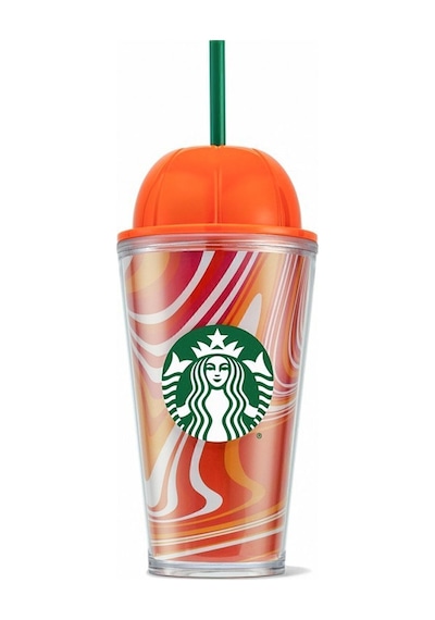 Starbucks Balkabağı Tasarımlı Plastik Pipetli Termos Psl Serisi 473ml Turuncu