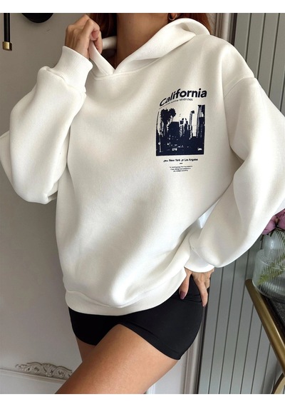 Startmore Adrift Unisex Erkek/kadın Calıfornia Renkli Özel Baskılı Oversize Kapüşonlu Sweatshirt Beyaz Beyaz