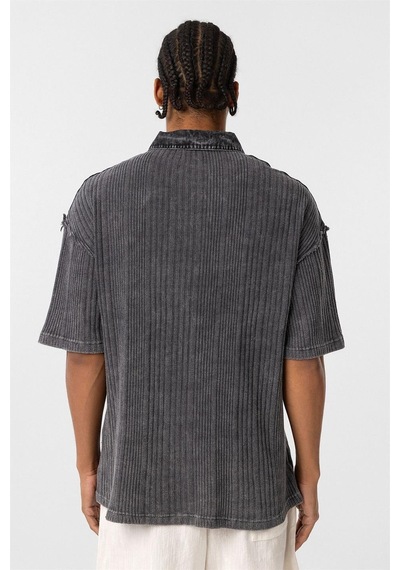 Vamos Yıkamalı Triko Oversize Polo Yaka Tişört V70-53 Siyah