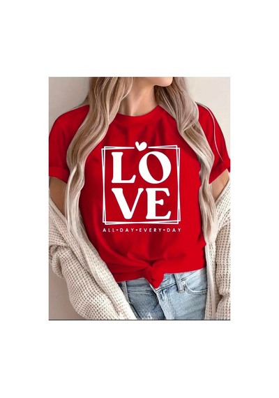 Medinenur Love Yazı Baskılı Basic T-shirt Kırmızı