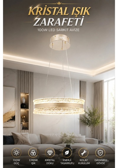 Modern Premium Ledli Taş Sarkıt Avize Gold Kum Beji Salon Oturma Odası Avizesi 100w 3 Renk Beyaz