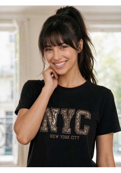Nealirsanall.com Kadın Nyc Baskılı Tişört - Leopar Ve Gold Detaylı Bisiklet Yaka Penye Siyah