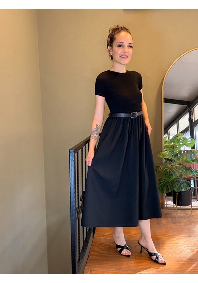 Ali Butik Siyah Kemerli Basıc Midi Elbise