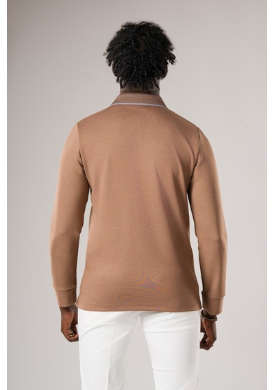 Advante Slimfit Düğmesiz V Polo Yaka Likralı Uzun Kol Mevsimlik Sweatshirt Açık Kahverengi