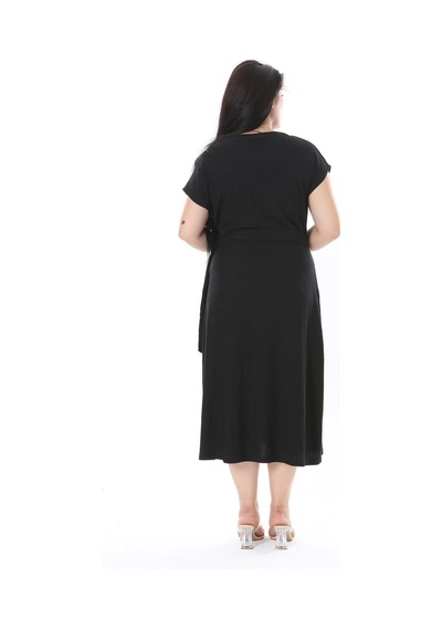 Şans Kadın Büyük Beden Siyah Bürümcük Kumaş Beli Tokalı Anvelop Elbise 65n38314-siyah Siyah