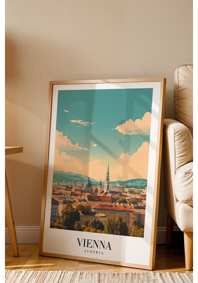 Vienna Austria Vintage Seyahat Posteri Çerçeveli Tablo - Premium Viyana Şehir Elit Duvar Dekoru Kayın